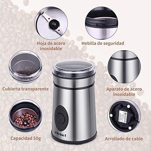 ELEHOT Molinillo de Café Eléctrico Acero Inoxidable para Granos de Café Nueces Especias Cereales