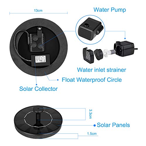 Eletorot Solar Fuente Bomba, 1.2 W Fuente Solar Flotador Jardin con 5 Boquillas Pequeño Estanque,Baño de Aves, Fish Tank,Decoración de Jardín