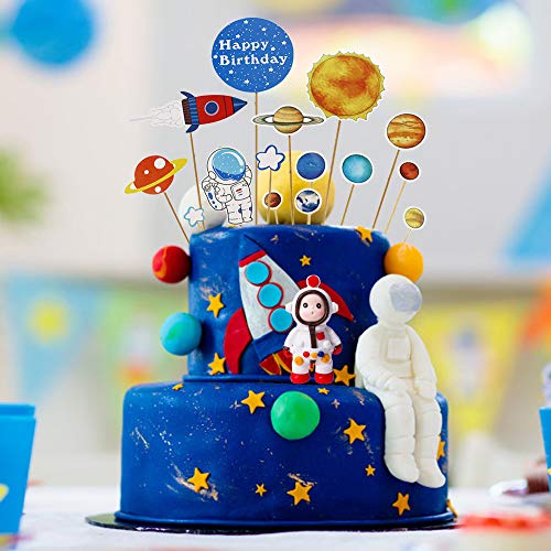 Elinala Decoracion para Tartas Infantiles, Decoración de Pastel Especial, 16 piezas Toppers de decoración de pastel de cumpleaños para niños de fiesta temática espacial de astronauta y sistema solar