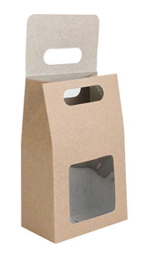 Emartbuy Bolsa de Regalo Papel Fuerte Levántate, 15 cm x 10 cm x 6 cm, Bolso Kraft Marrón Caja de Galletas Dulces Con Ventana Transparente - Paquete de 24