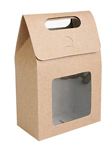 Emartbuy Bolsa de Regalo Papel Fuerte Levántate, 15 cm x 10 cm x 6 cm, Bolso Kraft Marrón Caja de Galletas Dulces Con Ventana Transparente - Paquete de 24