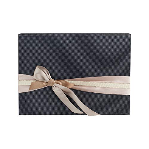 Emartbuy Rígido Lujo Caja de Regalo de Presentación en Forma de Rectángulo, 30.5 x 23 x 5 cm, Caja Negra Texturizada Con Tapa, Interior Impreso y Cinta Decorativa de Raso Beige y Oro