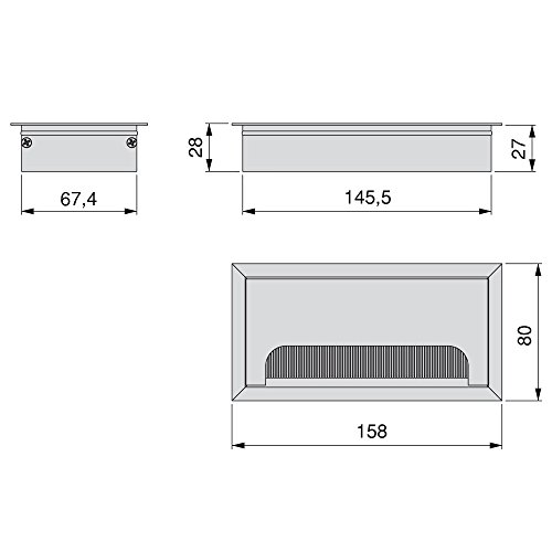 Emuca 5070462 Pasacables rectangulares para encastrar en escritorio/mesa en aluminio anodizado mate (160 x 80 mm), Matt Anodized, 160x80 mm