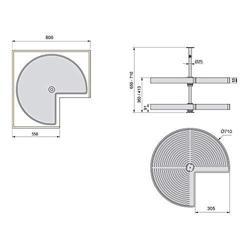 EMUCA - Kit de bandejas giratorias para Mueble de Cocina esquinero, bandejas giratorias 3/4 de Ø710mm para modulo de 800mm, Gris