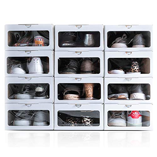 EnOrden 12 Cajas Zapatos Organizador Zapatero Transparente Apilable Blanca Ecológico,hasta talla 45 Cartón de fuentes renovables 24x13x33cm. Ahorra espacio en el guardado del calzado.