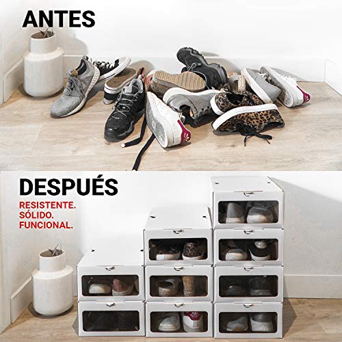 EnOrden 12 Cajas Zapatos Organizador Zapatero Transparente Apilable Blanca Ecológico,hasta talla 45 Cartón de fuentes renovables 24x13x33cm. Ahorra espacio en el guardado del calzado.