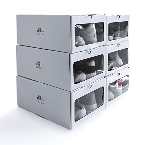 EnOrden 12 Cajas Zapatos Organizador Zapatero Transparente Apilable Blanca Ecológico,hasta talla 45 Cartón de fuentes renovables 24x13x33cm. Ahorra espacio en el guardado del calzado.