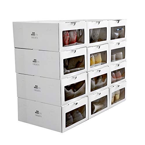 EnOrden 12 Cajas Zapatos Organizador Zapatero Transparente Apilable Blanca Ecológico,hasta talla 45 Cartón de fuentes renovables 24x13x33cm. Ahorra espacio en el guardado del calzado.