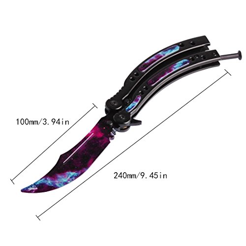 Entrenador de Mariposas, Cuchillo Balisong Acero Inoxidable Curvo sin Agujeros CS/HDD13 (Hoja Morada - Mango Negro)