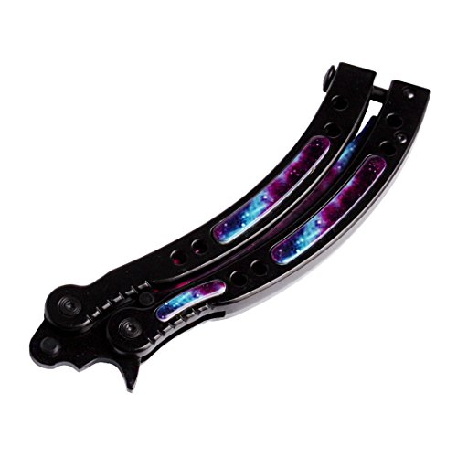 Entrenador de Mariposas, Cuchillo Balisong Acero Inoxidable Curvo sin Agujeros CS/HDD13 (Hoja Morada - Mango Negro)