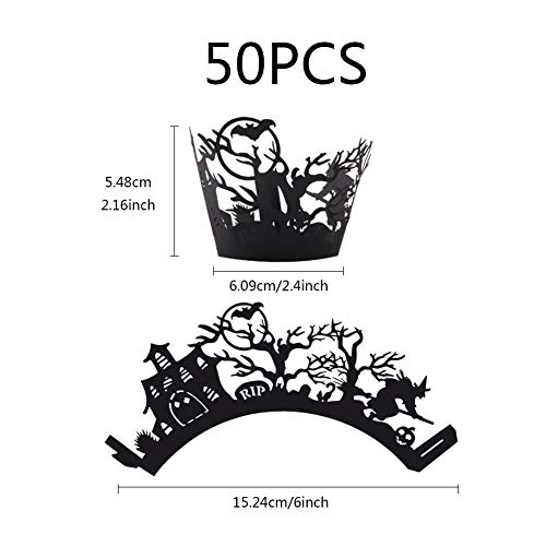 Envoltura de la Torta,50 piezas Envolturas de Magdalenas Tazas Papel de Hornear Pasteles Envolturas de magdalenas de Halloween Castillo de brujas Bandejas de envolturas de magdalenas para Halloween