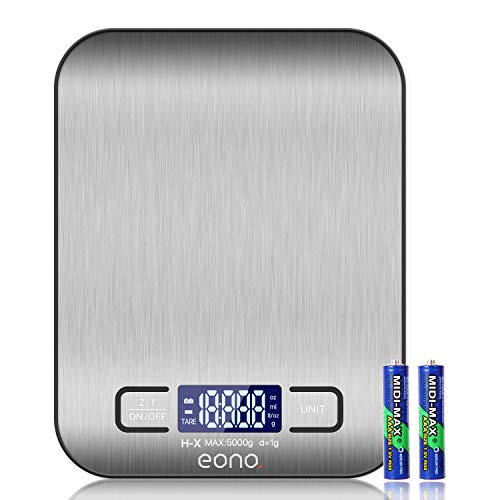 Eono by Amazon - Báscula de cocina digital; báscula de acero inoxidable de con opción de gramos y onzas para hornear y cocinar; 5 kg/1 g