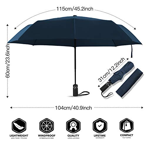 Eono by Amazon - Paraguas Plegable Automático Impermeable, Paraguas de Viaje Compacto a Prueba de Viento, Folding Umbrella, Recubrimiento de Teflón, Dosel Reforzado, Mango Ergonómico, Navy