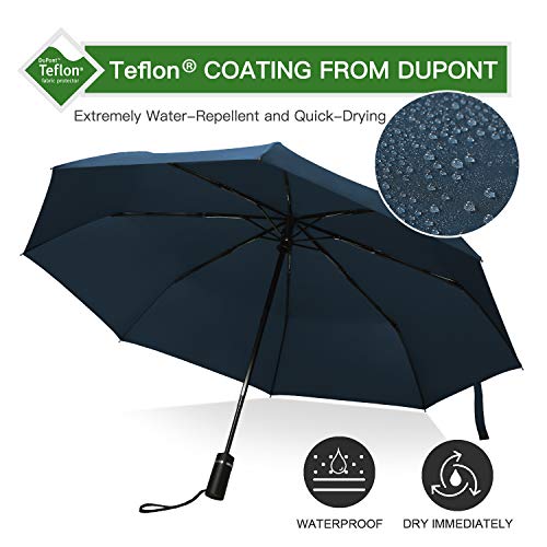 Eono by Amazon - Paraguas Plegable Automático Impermeable, Paraguas de Viaje Compacto a Prueba de Viento, Folding Umbrella, Recubrimiento de Teflón, Dosel Reforzado, Mango Ergonómico, Navy