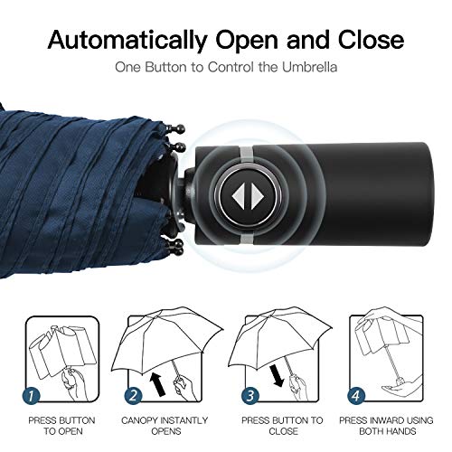 Eono by Amazon - Paraguas Plegable Automático Impermeable, Paraguas de Viaje Compacto a Prueba de Viento, Folding Umbrella, Recubrimiento de Teflón, Dosel Reforzado, Mango Ergonómico, Navy