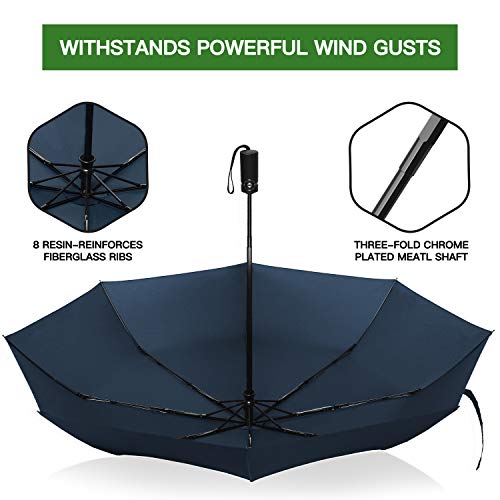 Eono by Amazon - Paraguas Plegable Automático Impermeable, Paraguas de Viaje Compacto a Prueba de Viento, Folding Umbrella, Recubrimiento de Teflón, Dosel Reforzado, Mango Ergonómico, Navy