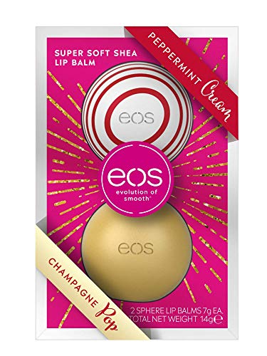 Eos Winter Edition Duo Set Lip Balm Sphere Box: Peppermt Cream & Champagne Pop, Hidratante Labios Cuidado de labios, idea de regalo para Navidad, juego de 2 unidades