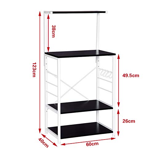 eSituro Estantería Librería Estante de Cocina de Almacenamiento de Organizador Multifuncional para Microondas Plantas con 4 Ganchos 4 Estantes Metal+MDF 60x40x123CM Blanco+Negro SSTR0042