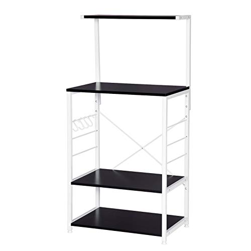 eSituro Estantería Librería Estante de Cocina de Almacenamiento de Organizador Multifuncional para Microondas Plantas con 4 Ganchos 4 Estantes Metal+MDF 60x40x123CM Blanco+Negro SSTR0042