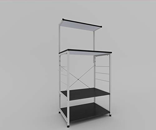 eSituro Estantería Librería Estante de Cocina de Almacenamiento de Organizador Multifuncional para Microondas Plantas con 4 Ganchos 4 Estantes Metal+MDF 60x40x123CM Blanco+Negro SSTR0042