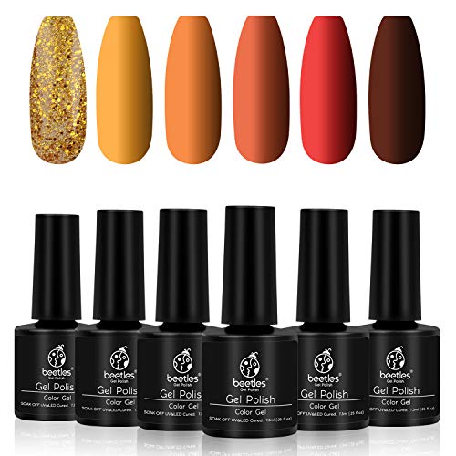 Esmalte de uñas Beetles en gel dorado, amarillo y rojo, 6 colores de otoño, calabaza, especias, naranja, purpurina, esmalte de uñas, lámpara de uñas UV LED secada