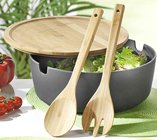 Esmeyer 303 – 050 – Ensaladera Brooklyn de Servir con Tapa y Cubiertos para Ensalada, bambú Mezcla de plástico, Antracita, 27 x 27 x 5 cm