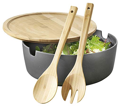 Esmeyer 303 – 050 – Ensaladera Brooklyn de Servir con Tapa y Cubiertos para Ensalada, bambú Mezcla de plástico, Antracita, 27 x 27 x 5 cm