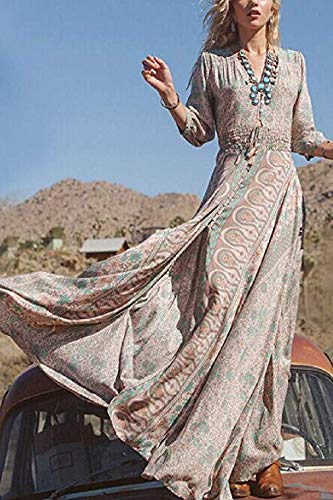 Estampado Floral Manga Larga Mujer Bohemia Tunic Swing Maxi Vestido De Fiesta Blue M