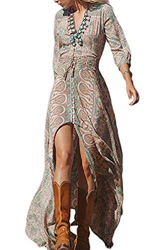 Estampado Floral Manga Larga Mujer Bohemia Tunic Swing Maxi Vestido De Fiesta Blue M