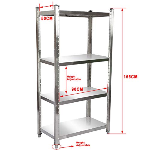 Estantería de acero inoxidable 90x50x155cm con 4 baldas para hostelería, cocina industrial, almacén