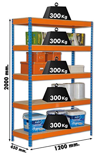 Estantería metálica de media carga Bricoforte 5 estantes Azul/Naranja/Madera Simonrack 2000x1200x450 mms - Estantería media carga - Estantería industrial - 300 Kgs de capacidad por estante