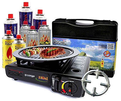 Estufa De Gas Camping Cocina con 8 Gas kar aplicar el rimel Portátil + Accesorio de parrilla Bandeja del grill + Maleta - Negro