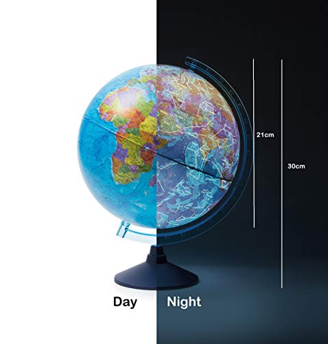 Exerz Globo terráqueo Iluminado 21cm con Iluminación LED Sin Cables Día Y Noche - Mapa de Ingles - Mapa Político/Estrellas De Constelación