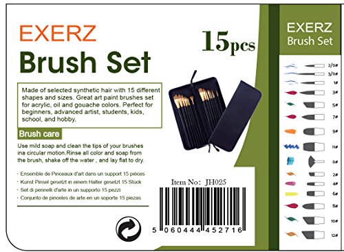 Exerz JH025 Artist Set de Pinceles – 15 Pinceles Profesionales en un Estuche Desplegable/Perfectos Para Usar con Acuarelas/Acrílico/Oleo/Pintura Facial