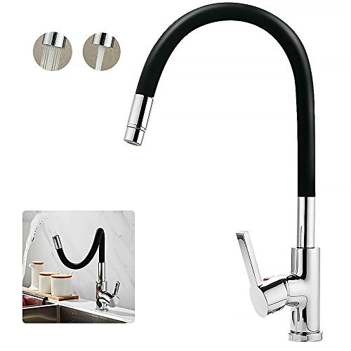 EXLECO Grifo de Cocina Fregadero Negro. Giratorio de 360° Adjustable Agua Caliente y Fría Flexible Grifo Cromo Grifo monomando para Fregaderos de Cocina(Chorro de Agua Doble)