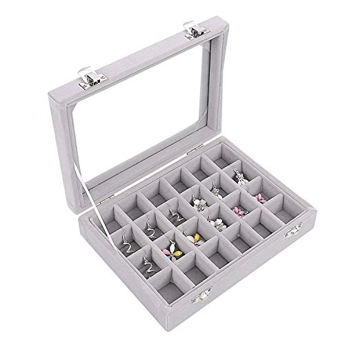 Expositor Gris de Joyas Anillos (24 Compartimentos)- Organizador de Anillos L20cm(7.87")D15cm(5.90")H4.5cm(1.77") con Forro de Terciopelo Tapa de Vidrio - Bandeja para Pendientes Colgantes gemelos