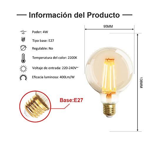 Extrastar Bombilla Edison Vintage 4W LED Retro Decorativa Bombillas Lamparas Blanco Cálido 2200K 400LM G95 E27 Antigua Lámpara Bulbo Filamento No regulable - 2 unidades …