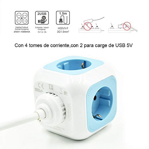 Extrastar PowerCube (Extended USB 1.5 m) Regleta de 4 Salidas, con 2 para Carga de USB 5V (Azul)