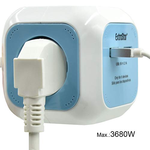 Extrastar PowerCube (Extended USB 1.5 m) Regleta de 4 Salidas, con 2 para Carga de USB 5V (Azul)