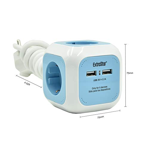 Extrastar PowerCube (Extended USB 1.5 m) Regleta de 4 Salidas, con 2 para Carga de USB 5V (Azul)