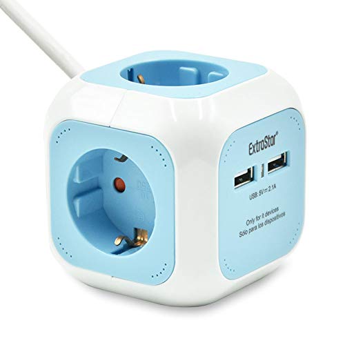 Extrastar PowerCube (Extended USB 1.5 m) Regleta de 4 Salidas, con 2 para Carga de USB 5V (Azul)