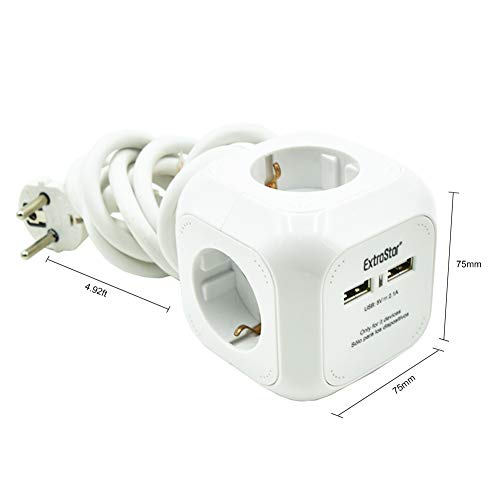 Extrastar PowerCube (Extended USB 1.5 m) Regleta de 4 Salidas, con 2 para Carga de USB 5V Blanco (Blanco)