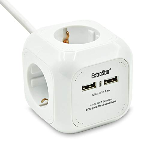 Extrastar PowerCube (Extended USB 1.5 m) Regleta de 4 Salidas, con 2 para Carga de USB 5V Blanco (Blanco)