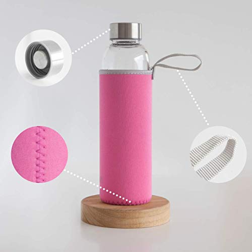 EZFAMA Botella de Agua Deportiva de Vidrio borosilicato 550ml con Funda de Nailon Prueba de Fugas Sin BPA Respetuoso del Medio Ambiente Ideal para Oficina Viaje Deporte Yoga Gimnasio Coche (Rosa)