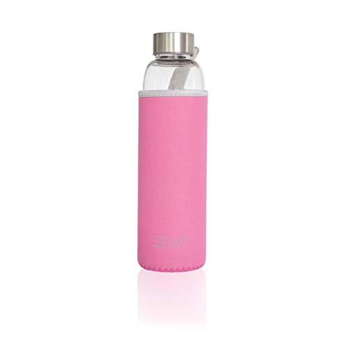 EZFAMA Botella de Agua Deportiva de Vidrio borosilicato 550ml con Funda de Nailon Prueba de Fugas Sin BPA Respetuoso del Medio Ambiente Ideal para Oficina Viaje Deporte Yoga Gimnasio Coche (Rosa)