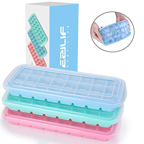 EZILIF Cubitera de silicona con tapa, 24 compartimentos, 3 unidades, cubitos de hielo con tapa Ice Cube Tray LFGB, certificado LFGB, cubitos de hielo sin BPA, fácil de quitar, color azul, rosa y verde