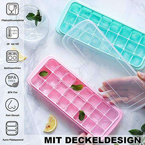 EZILIF Cubitera de silicona con tapa, 24 compartimentos, 3 unidades, cubitos de hielo con tapa Ice Cube Tray LFGB, certificado LFGB, cubitos de hielo sin BPA, fácil de quitar, color azul, rosa y verde