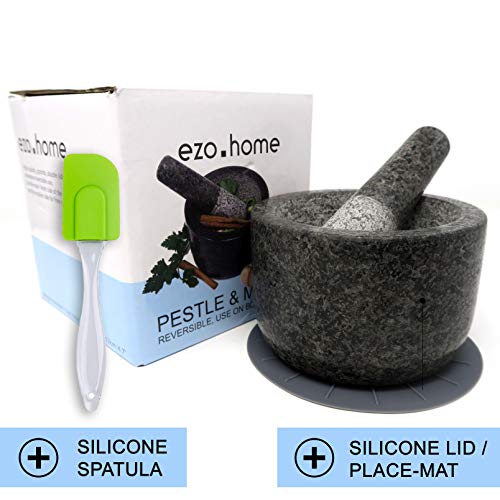 Ezo.Home Conjunto de Mortero con Mano de Granito de Gran Tamaño – Reversible de Uso por ambos lados - Ideal para Moler Pasta, Picar Especias y como Trituradora de Pastillas, Piedra Natural