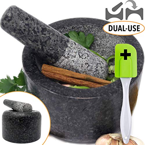 Ezo.Home Conjunto de Mortero con Mano de Granito de Gran Tamaño – Reversible de Uso por ambos lados - Ideal para Moler Pasta, Picar Especias y como Trituradora de Pastillas, Piedra Natural