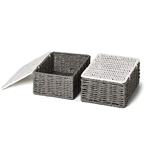 EZOWare 4 pcs Cestas de Almacenaje Multiuso, Cajas Organizadoras con Tapa de Cuerda de Papel Retorcido con Efecto de Mimbre para Cocina, Baño - Gris y Blanco, Pequeño